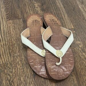 Tory Burch Cream and Brown Sandals with Textured Footbed